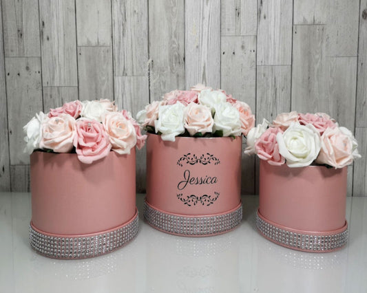 Personalised Artificial Rose Hat Box Diamante Pinks and white in Pink Hat Box
