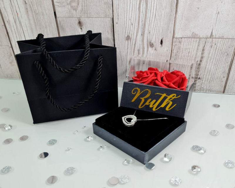 Personalised Jewellery Gift Box with Heart Necklace Red Roses Birthday Valentines Gift Decor