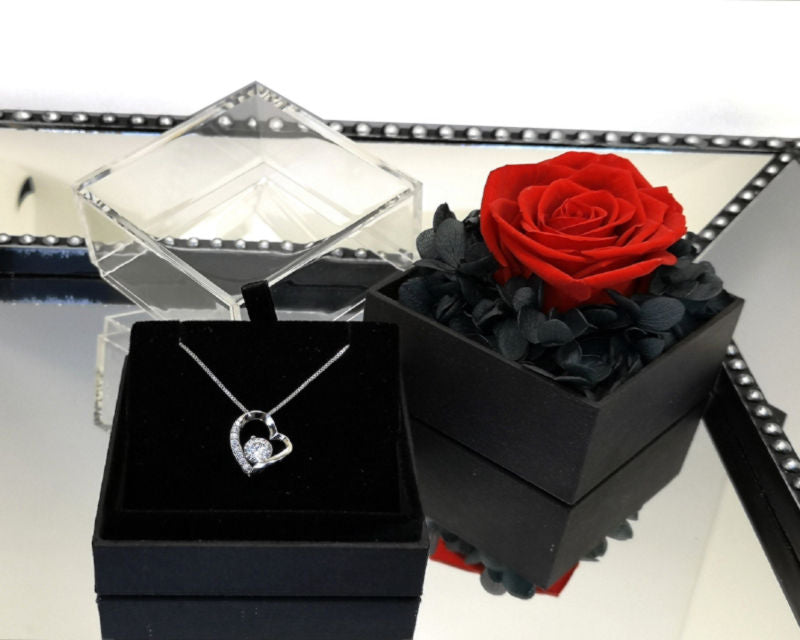 Personalised Anniversary Gift Box Real Preserved Eternal Rose  with Heart Necklace Choice, Everlasting Rose