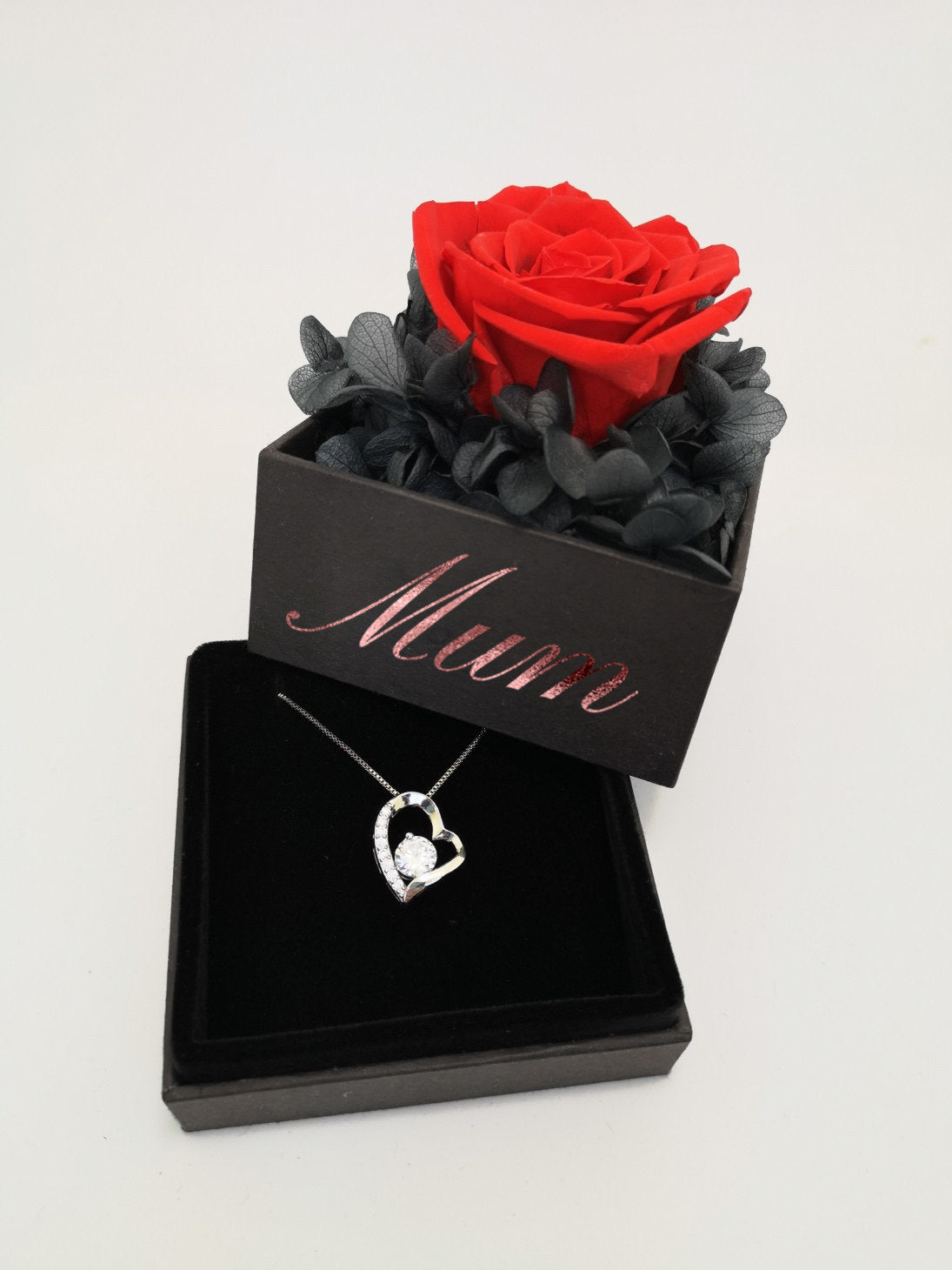 Personalised Anniversary Gift Box Real Preserved Eternal Rose  with Heart Necklace Choice, Everlasting Rose