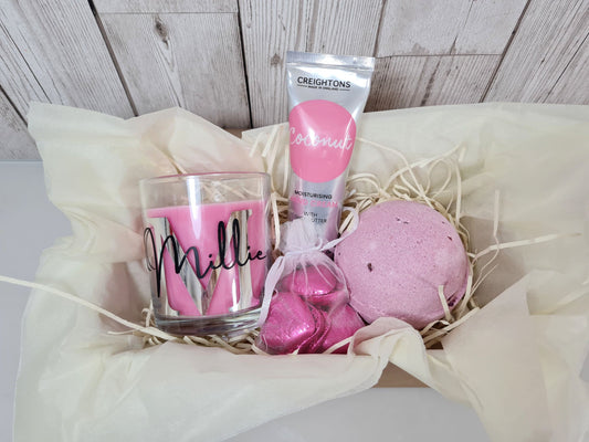 Personalised Happy Birthday Gift For Her Box Filled, Best Friend Gift Box Candle Gift Set, Thinking of You, Rose Bath Bomb Gift Set