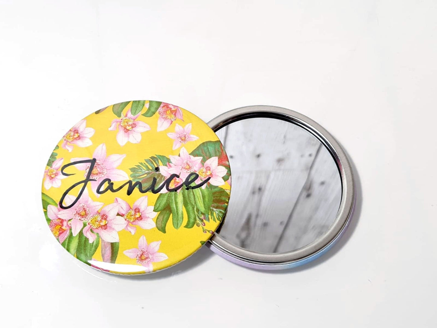 Personalized Compact Mirror Tropical Yellow Pocket Mirror, Personalised Bridesmaid Mirror Gift, Custom Hen Party Name Pocket Handheld Mirror