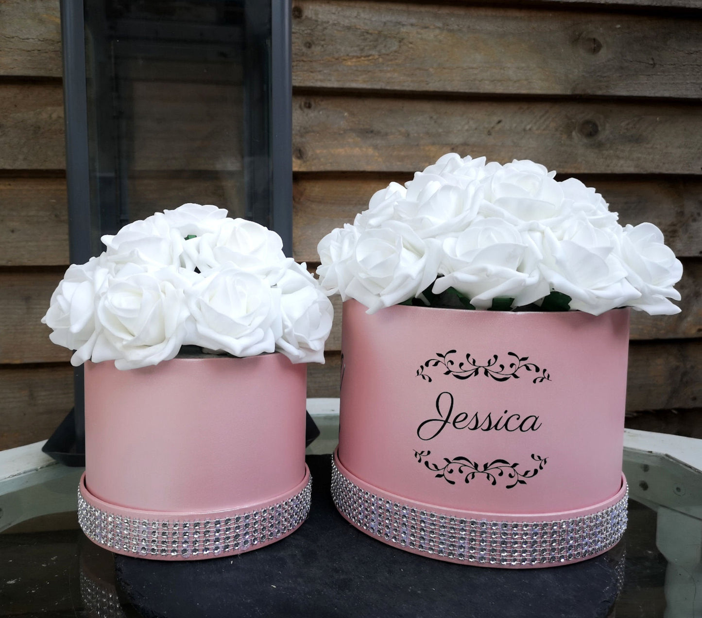 Personalised Artificial Rose Hat Box Diamante Anniversary Birthday Gift for Friend Mum, White Roses in Pink Hat Box