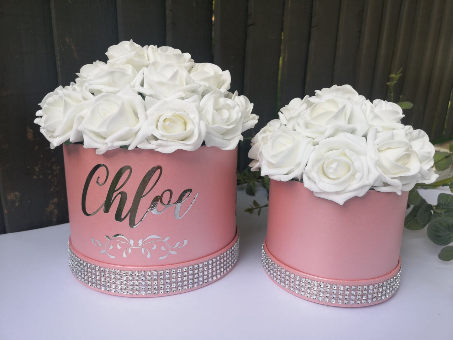 Personalised Rose Hat Box, Diamante Bespoke Light Pink Flower Hat Boxes, Silver White Roses Thank You Gifts Birthday Baby Shower Mum Present