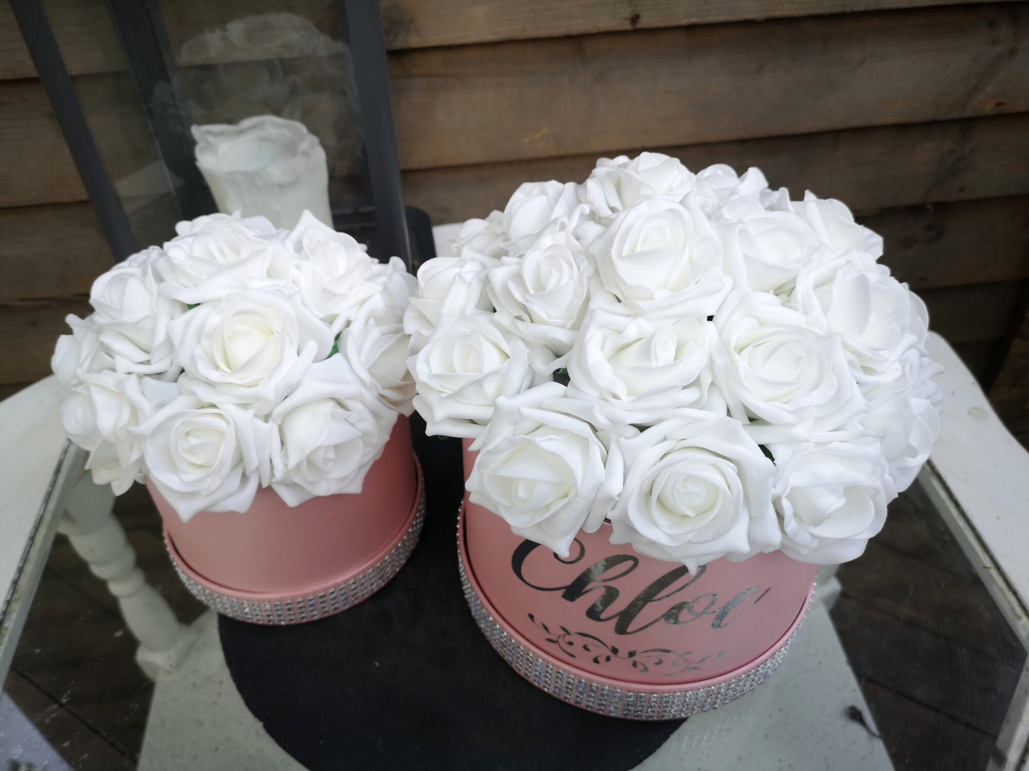 Personalised Rose Hat Box, Diamante Bespoke Light Pink Flower Hat Boxes, Silver White Roses Thank You Gifts Birthday Baby Shower Mum Present
