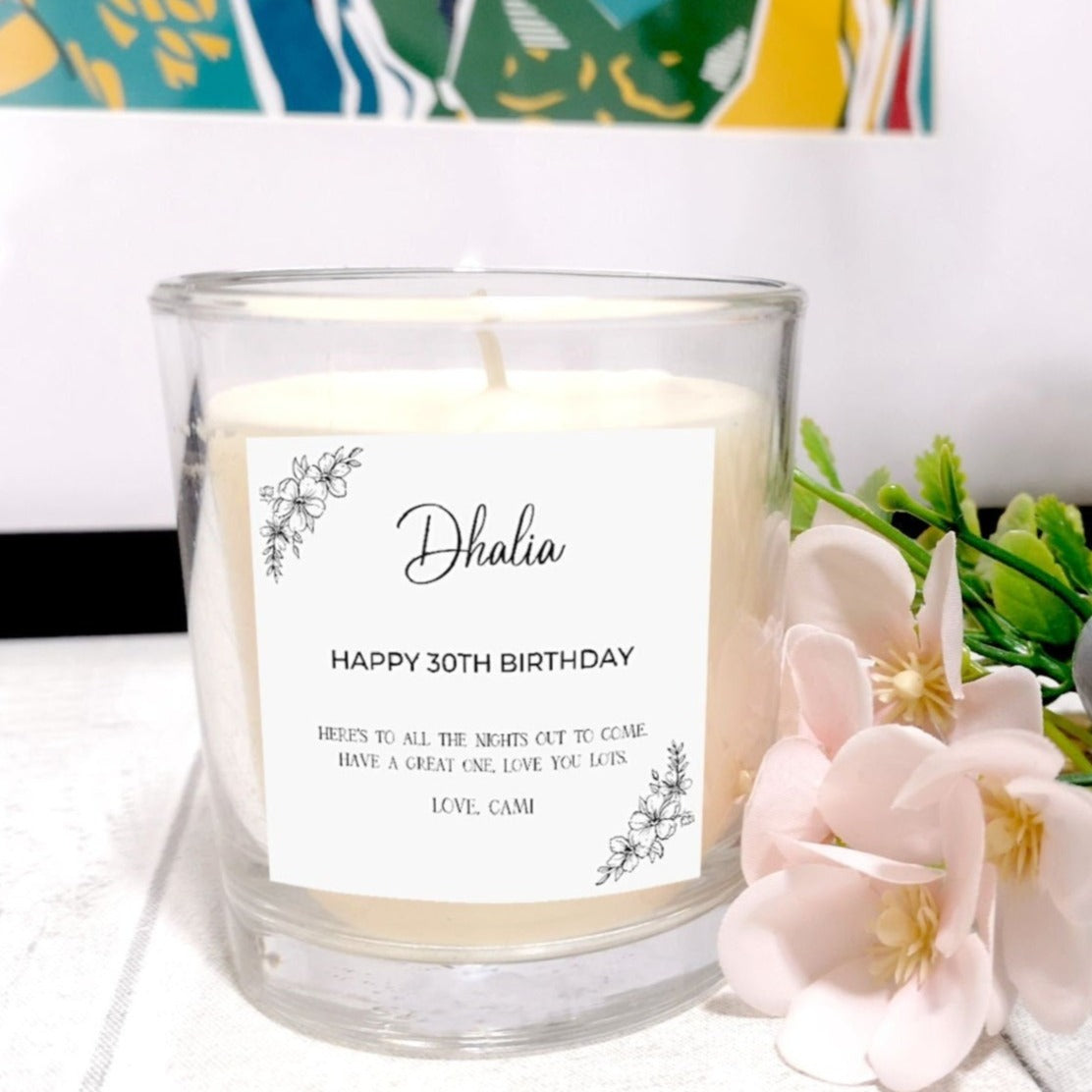 30th Birthday Gift Personalised Candle, Happy Birthday Flower Candle, Candle For Birthday With Personal Message, Birthday Gift For Her