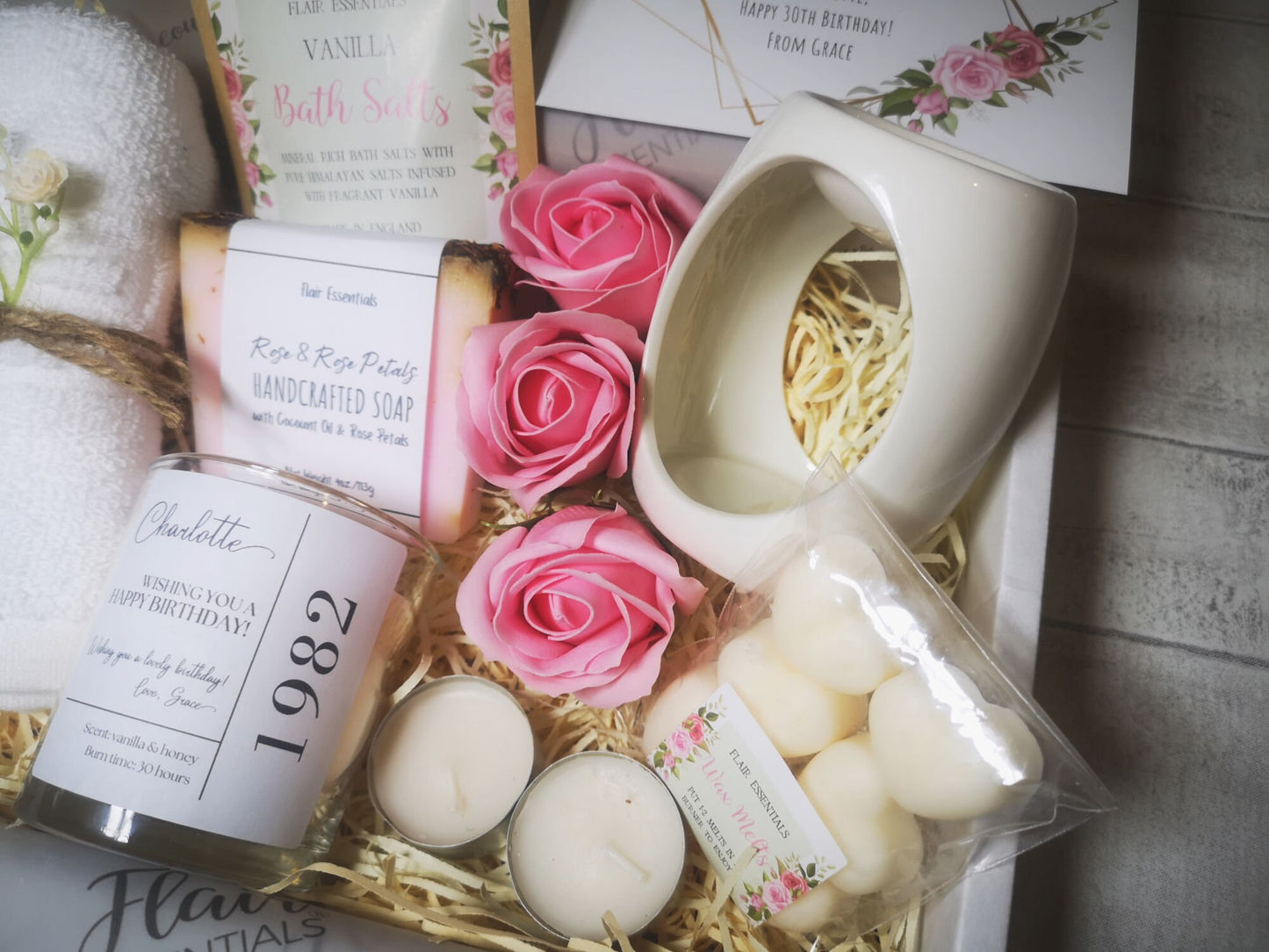 Personalised Birth Candle Spa Set, Hamper Pamper Wax Melt and Burner Gift Box, Birthday Gift for Her