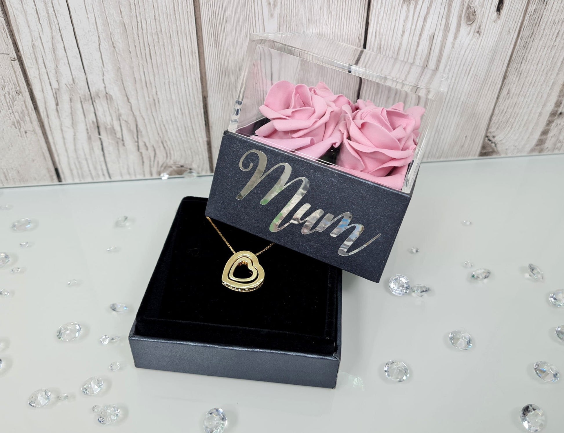 Personalised Jewellery Gift Box with Gold Plated Heart Necklace, Pink Eternal Roses Mother's Day Gift Flower