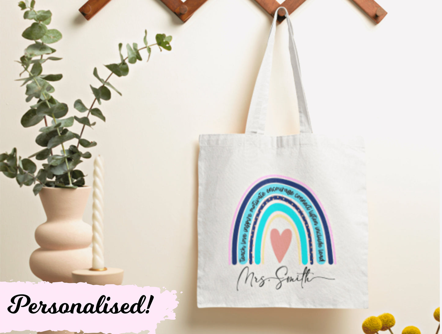 Personalised Teacher Tote Bag, Teacher Quote Tote Bag For Teachers End Of Term Thank You Gift, Rainbow Tote Bag, Leaving Gifts For Teachers