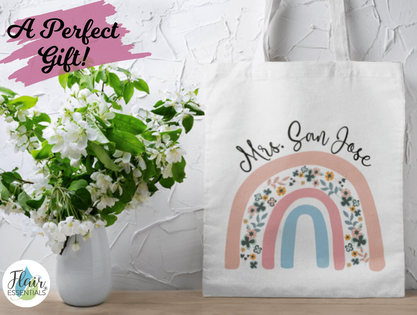 Personalised Teacher Tote Bag, Floral Rainbow Tote Bag For Teachers Appreciation Gift, Teacher Thank You, Leaving Gifts For Teachers