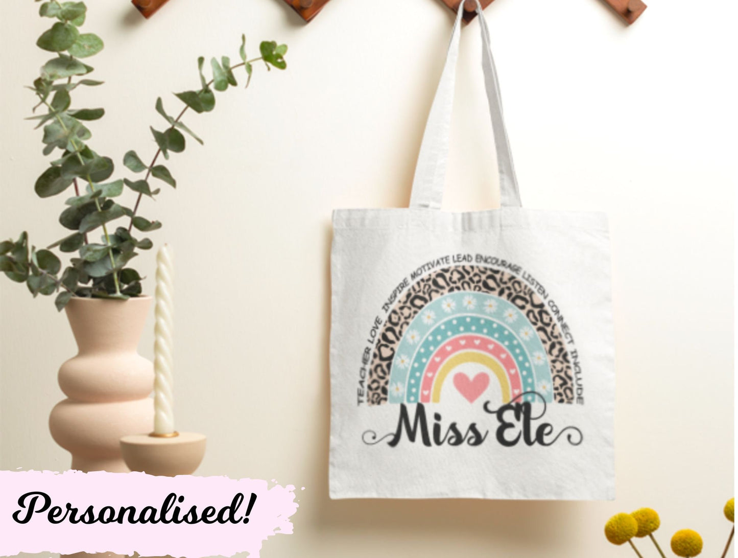 Personalised Teacher Tote Bag, Personalised Teacher Gifts, Rainbow Book Bag, Teaching Assistant Gift