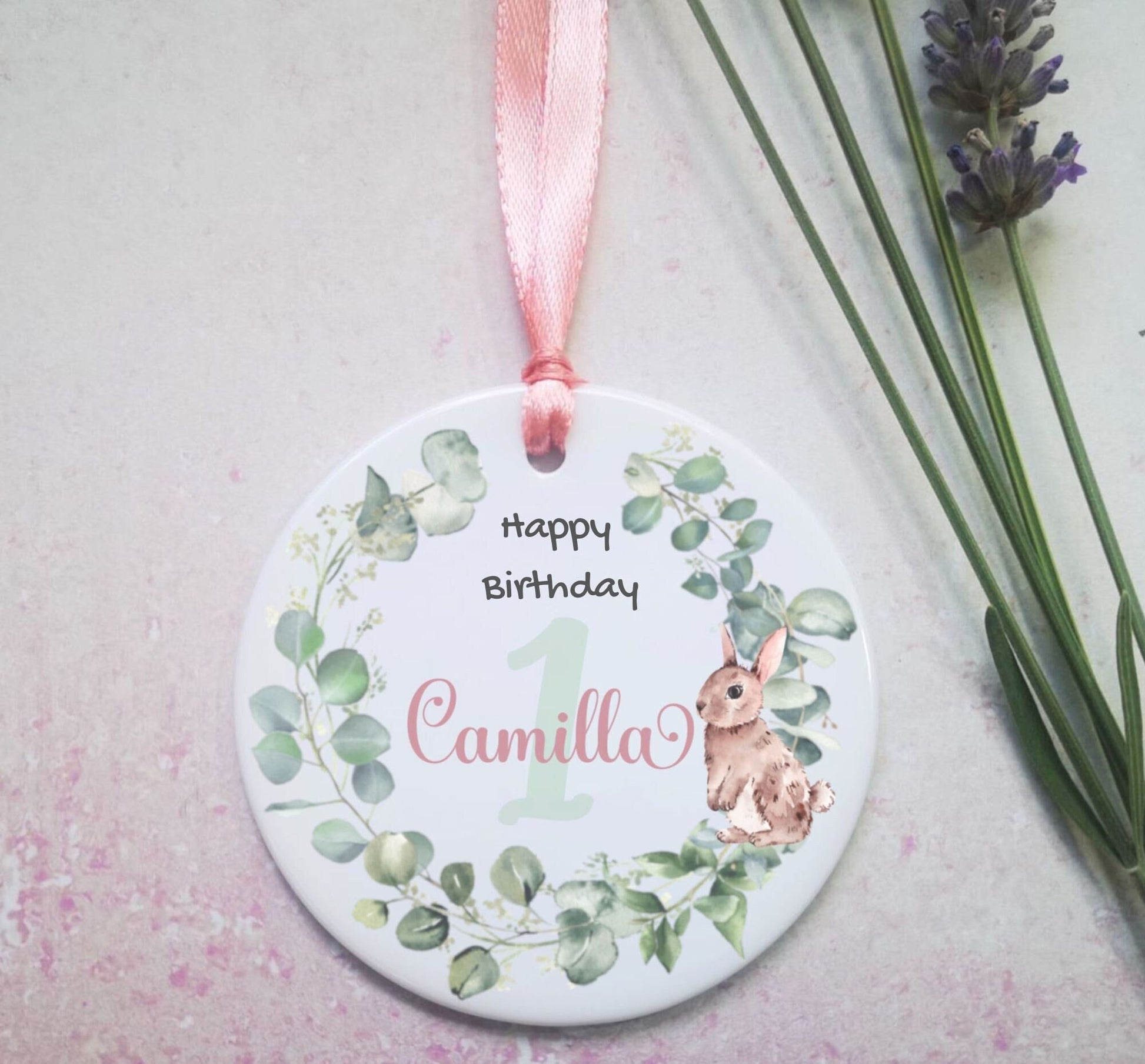 First Birthday Ceramic Hanging Decoration Ornament, Birthday Boy Girl Gift Keepsake, Watercolour bunny