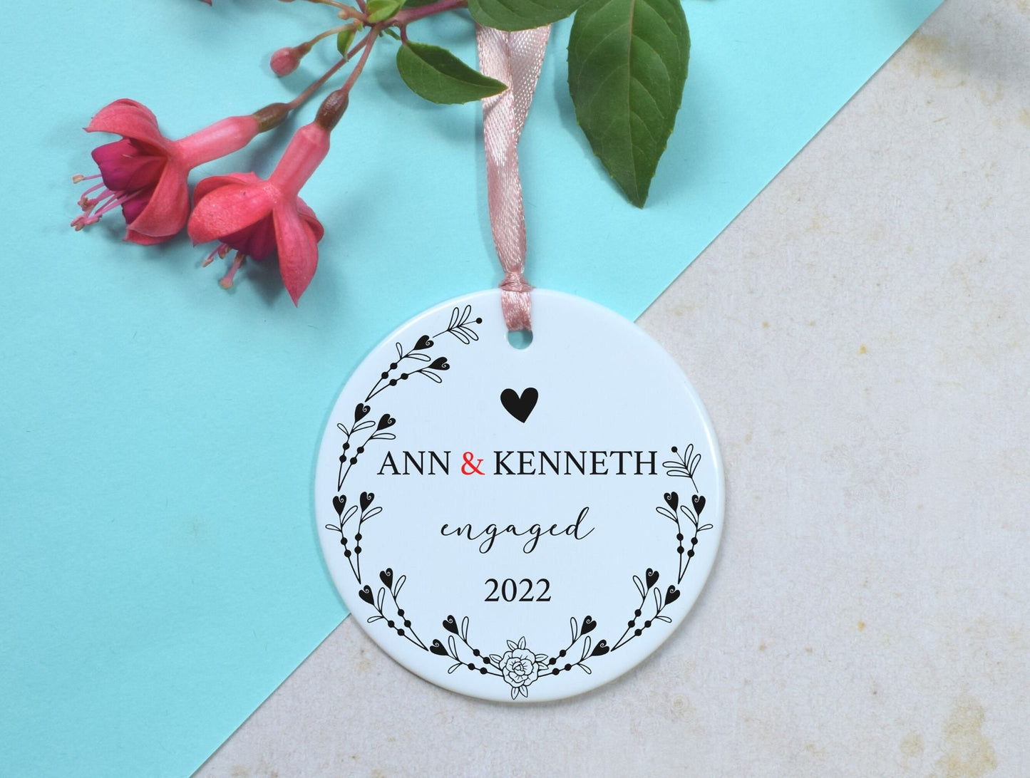 Engagement Day Keepsake Personalised Ornament Gift for Couple, Watercolour pink & red flower