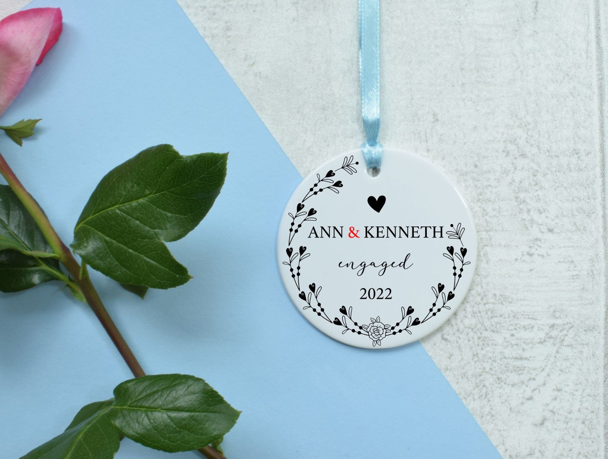 Engagement Day Keepsake Personalised Ornament Gift for Couple, Watercolour pink & red flower