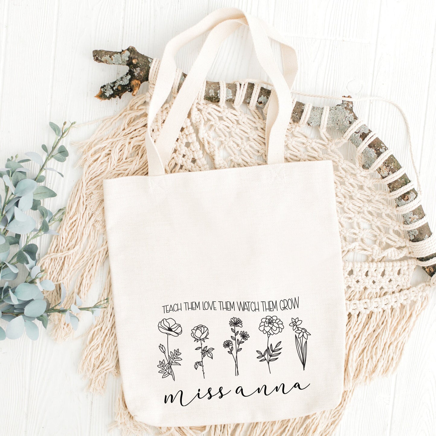 Personalised Teacher Tote Bag, Minimalist Flowers Tote For Teachers Assistants Gift, Black & White