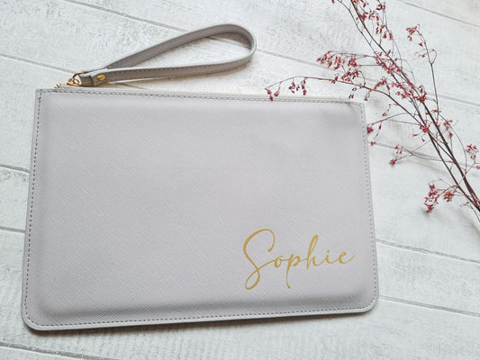 Personalised Bride Clutch Bag, Bridesmaid Name Pouch Gift for Her, Bridal Minimalist Accessory