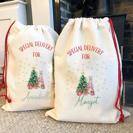 Personalised Santa Sack, Christmas Sack, Special Delivery Christmas Eve Box, Girl or Boy Name Peter Rabbit Toy Sack for Christmas Morning