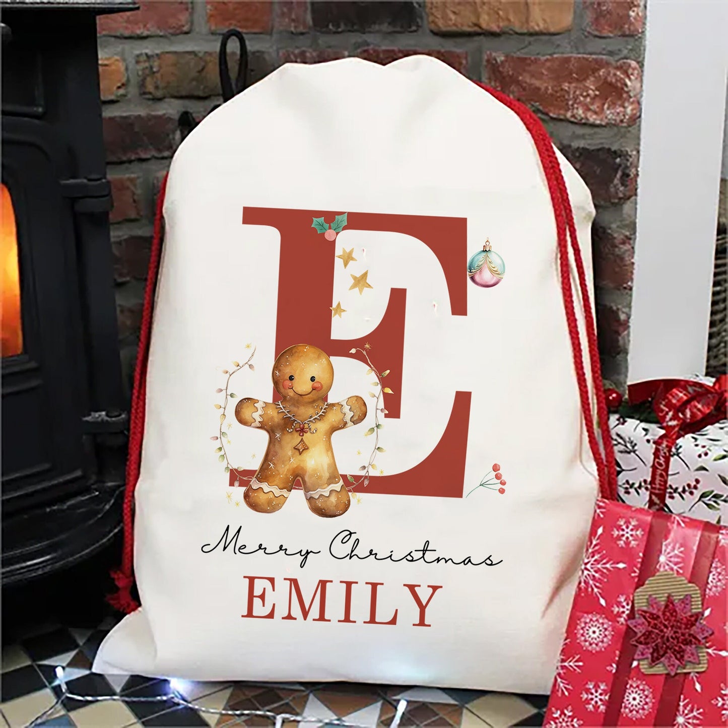 Personalised Christmas Sack, Gingerbread Man Christmas Eve Box, Christmas Bag with Name & Initial