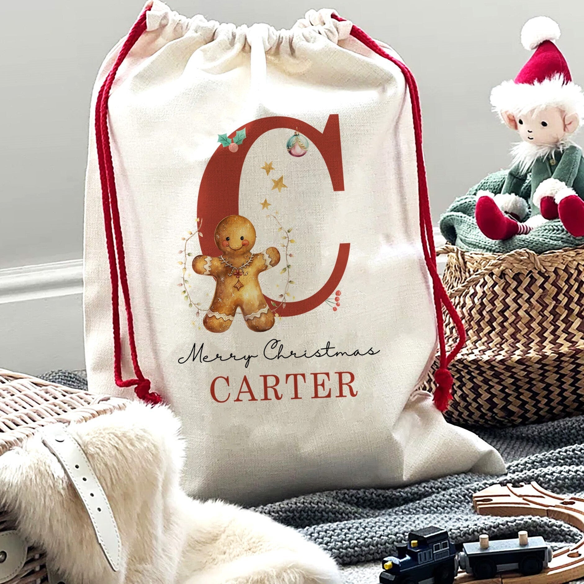 Personalised Christmas Sack, Gingerbread Man Christmas Eve Box, Christmas Bag with Name & Initial