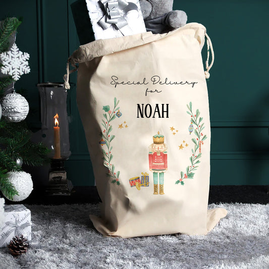 Personalised Nutcracker Christmas Sack, Special Delivery Christmas Eve Gift Sacks, Xmas Presents Gift Bag